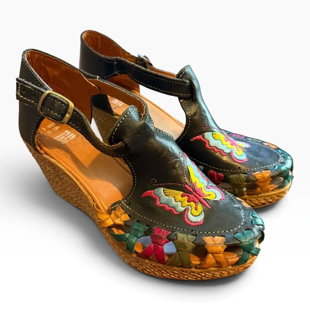 Huarache Wedge Sandals Womens 6 Black Butterfly Embroidered Boho